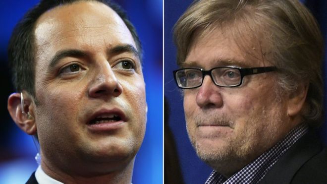Reince Priebus (L) said Stephen Bannon was "a force for good" Reince Priebus (L) said Stephen Bannon was "a force for good"